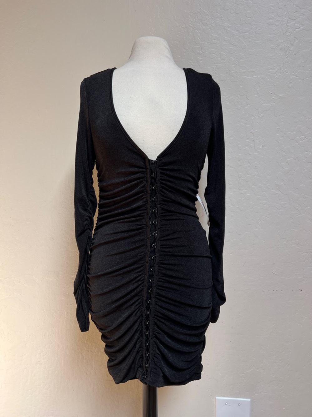 Bardot Demi Ruched Long Sleeve Minidress in Black NWT